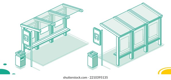 Isometric Bus Stop. Outline Concept Isolated on White. Vector Illustration. Front and Back View.