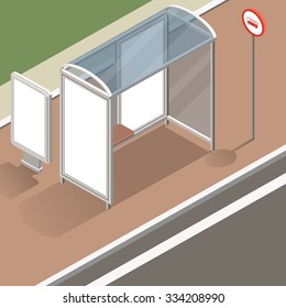 Isometric Bus Stop With Street Banner Mockup For Advertising And Posters. Isometric View Of The Street With A Stop And Street Banners. Flat Design Illustration