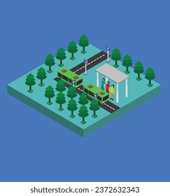 isometric bus stop test vector design illustration