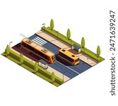 isometric bus stop with tram and bus, vector illustration
