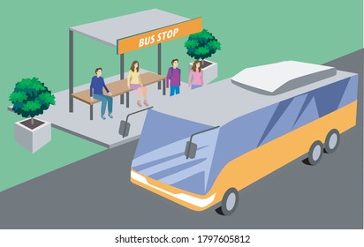 Concepto de transporte de parada de autobús isométrica - Vector