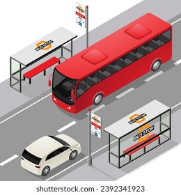 Isometric Bus Stops with a Bus and a Car isolated on a White Background