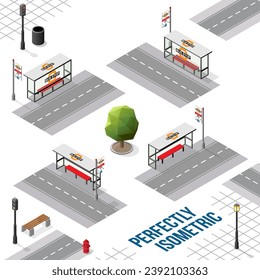 Isometric Bus Stops with Roads from Front Back Right and Left Views isolated on a White Background