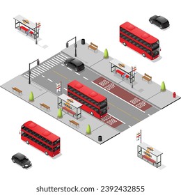 Isometric Bus Stops with Vehicles isolated on a White Background