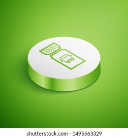 Isometric Bus ticket icon isolated on green background. Public transport ticket. White circle button. Vector Illustration