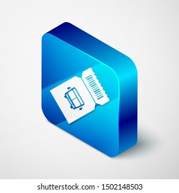 Isometric Bus ticket icon isolated on white background. Public transport ticket. Blue square button. Vector Illustration