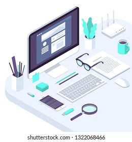 Isometric busines office flat design  trendy color workspace concept illustration for . business, internet company, seo  and financial analytics tools pofessional workplace.