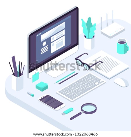 Isometric busines office flat design  trendy color workspace concept illustration for . business, internet company, seo  and financial analytics tools pofessional workplace.