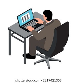 Empresario isométrico que trabaja en una computadora en la vista de atrás 3d ilustración vectorial