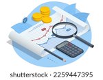 Isometric business analysis, analytics, research, strategy statistic, planning, marketing, study of performance indicators. Audit, insurance, financial consultant and analyst. Data and investments.