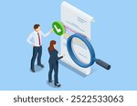Isometric business analysis, analytics, research. Analytics and monitoring, where a business team tracks a web-based reporting dashboard and conducts data analysis for financial business planning.