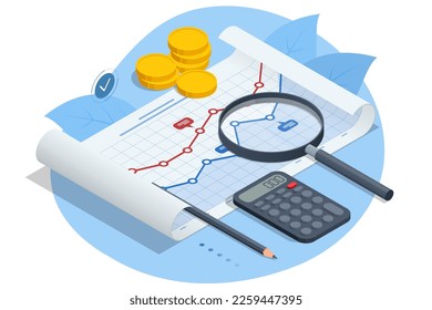 Isometric business analysis, analytics, research, strategy statistic, planning, marketing, study of performance indicators. Audit, insurance, financial consultant and analyst. Data and investments.