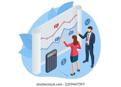 Isometric business analysis, analytics, research, strategy statistic, planning, marketing, study of performance indicators. Audit, insurance, financial consultant and analyst. Data and investments.