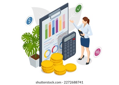 Isometric Business Analysis, Analytics, Research, Strategy statistic, Planning, Marketing, Finance chart, Financial planning, Data analysis, and Management strategy. Investment in securities