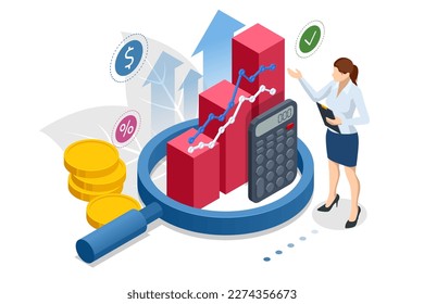 Análisis de negocio isométrico, análisis, investigación, estadística de estrategia, planificación, marketing, gráfico de finanzas, planificación financiera, análisis de datos y estrategia de gestión. Inversión en valores