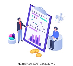 Isometric business analysis with chart and graphics. Vector of business chart data, graphic analysis illustration