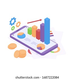 Isometric business analysis concept with graphics on mobile phone and paper documents, stack of coin money and gears isolated on white background. Isometric chart and graph for business analytics.