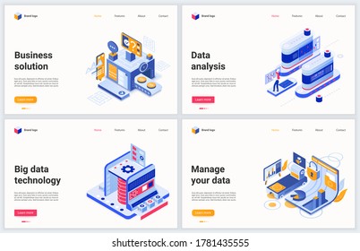 Isometric business analysis and data management vector de ilustración. Diseño de interfaz de concepto moderno para sitio web móvil con gestión digital caricatura 3d, tecnología de análisis de informes financieros