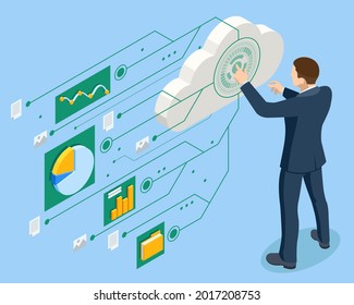 Análisis de negocios isométricos, Internet de cosas IoT, red en la nube, investigación, estadística de estrategia, planificación. Sistema de administración de documentos. Software para archivar, buscar y administrar archivos corporativos.