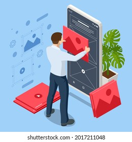 Isometric business analysis, Internet of things IoT, cloud network, research, strategy statistic, planning. Document Management System. Software for archiving, searching and managing corporate files.