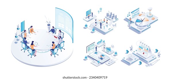 Isometric Business: Analysis , Meeting, Time Management, Planning, Strategy.