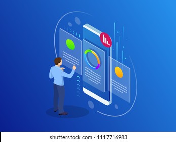 Isometric business analysis and planning, consulting, team work, project management, financial report and strategy concept. Unity and teamwork concept. Vector illustration.