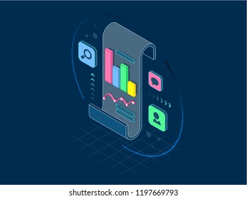 Isometric business analysis and planning, consulting, project management, financial report and strategy concept, line illustration