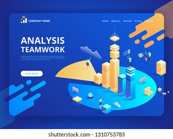 Isometric business analysis planning. Project management and financial report strategy. Consulting team. Collaboration concept with collaborative people. Isometric vector illustration.