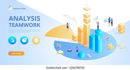 Isometric business analysis planning. Project management and financial report strategy. Consulting team. Collaboration concept with collaborative people. Isometric vector illustration.