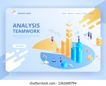 Planificación de análisis de negocios isométrico. Estrategia de gestión de proyectos e informes financieros. Equipo de consultoría. Concepto de colaboración con personas colaboradoras. Isométrica ilustración vectorial.