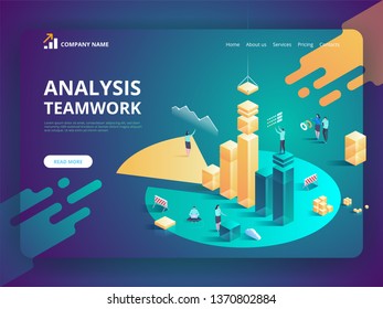 Isometric business analysis planning. Project management and financial report strategy. Consulting team. Collaboration concept with collaborative people. Isometric vector illustration.