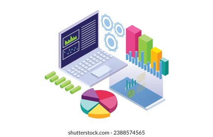 Isometric business analysis.statistics graph and metrics on computer screen. Finance analytics.analysis, business management isometry..on white background.3D design.isometric vector design.