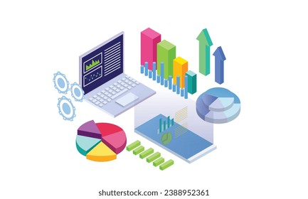 Isometric business analyst concept with isolated diagrams and statistics.on white background.3d concept. 3d vector.isometric vector design Illustration.