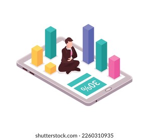 Composición profesional de analista de negocios isométrico con iconos de análisis financiero conceptual e ilustración de vector de personas