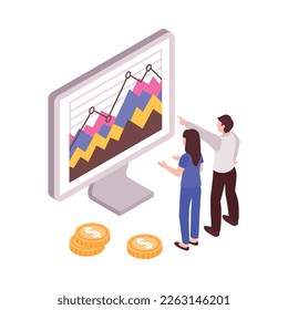Isometric business analyst professional composition with conceptual financial analysis icons and people vector illustration