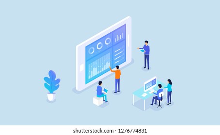 isometric  business analyst team on report graph dashboard monitor and  business team working meeting concept
