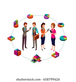 Isometric business analyst vector modern concept with businessman team and 3d charts. Business team people and color chart and graph illustration