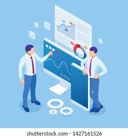 Isometric Business Analytics And Financial Technology, Data Visualization Concept. Business Analytics Technology Using Big Data, Cloud Computing, Statistical Model.