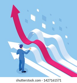 Isometric business analytics and financial technology, data visualization concept. Business Analytics technology using big data, cloud computing, statistical model.