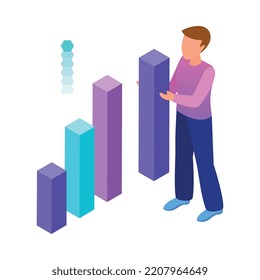 Isometric business analytics icon with human character and colorful bar graphs vector illustration