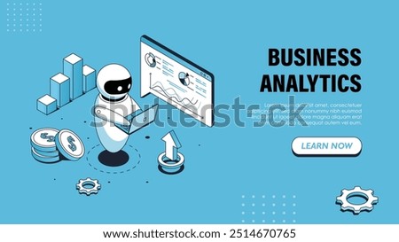 Isometric business analytics poster. Internet bot with graphs, charts and diagrams. Virtual assistant conducts market research. Landing webpage design. Linear vector illustration