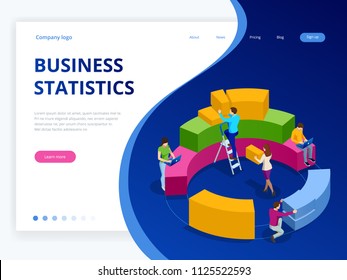 Isometric business analytics, strategy and planning. Technology, Internet and network concept. Data and investments. Businessmans with infographic elements.