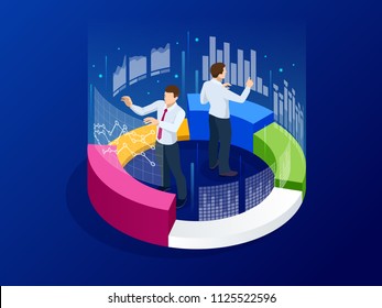 Isometric Business Analytics, Strategy And Planning. Technology, Internet And Network Concept. Data And Investments. Businessmans With Infographic Elements.