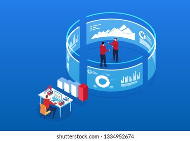 Isometric business analytics team report chart and business team work discussion