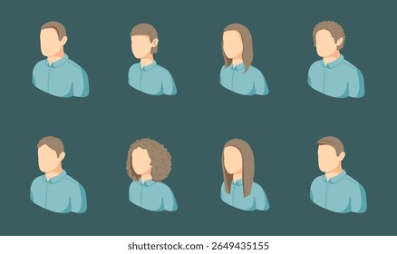 Avatares de negócios isométricos. Ícone sem rosto para o perfil. Retratos femininos e masculinos para avatares