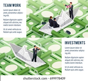 Isometric business banners. Two horizontal banners with businessmen swimming in the paper boats on the sea of money. 3d concepts of teamwork and investment. Vector illustration.