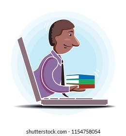 Isometric business black man online scans reports and analysis based on diagrams and graphs. Mobile application to work on the tablet
