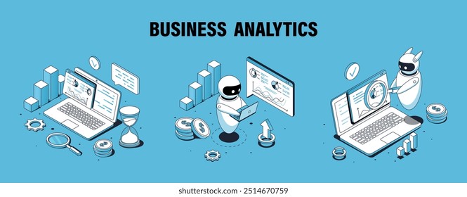 Conjunto de pôsteres de robôs de negócios isométricos. Auxiliar virtual com gráficos e laptop. Inteligência artificial e aprendizagem de máquina. Design de página da Web de aterrissagem. Coleção de vetores lineares isolada no plano de fundo azul