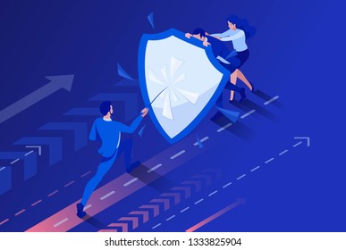 Isometric Business businessmen hiding behind a shield from attack. Concept for web design.