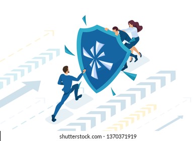Isometric Business businessmen hiding behind a shield from attack. Concept for web design.